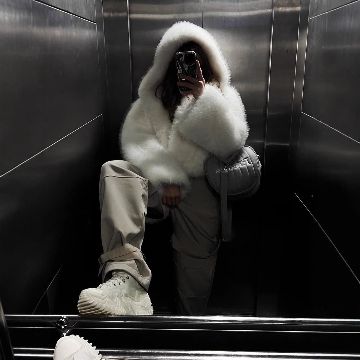 Hooded Faux Fur Coat With Fox Fur Trim