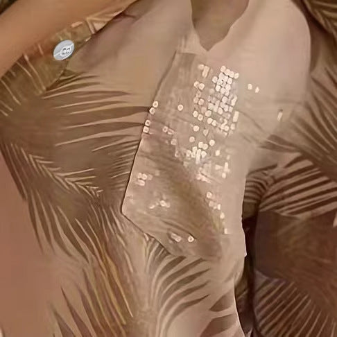 Relaxed-fit Casual Long-sleeve Printed Sequin-pocket Blouse