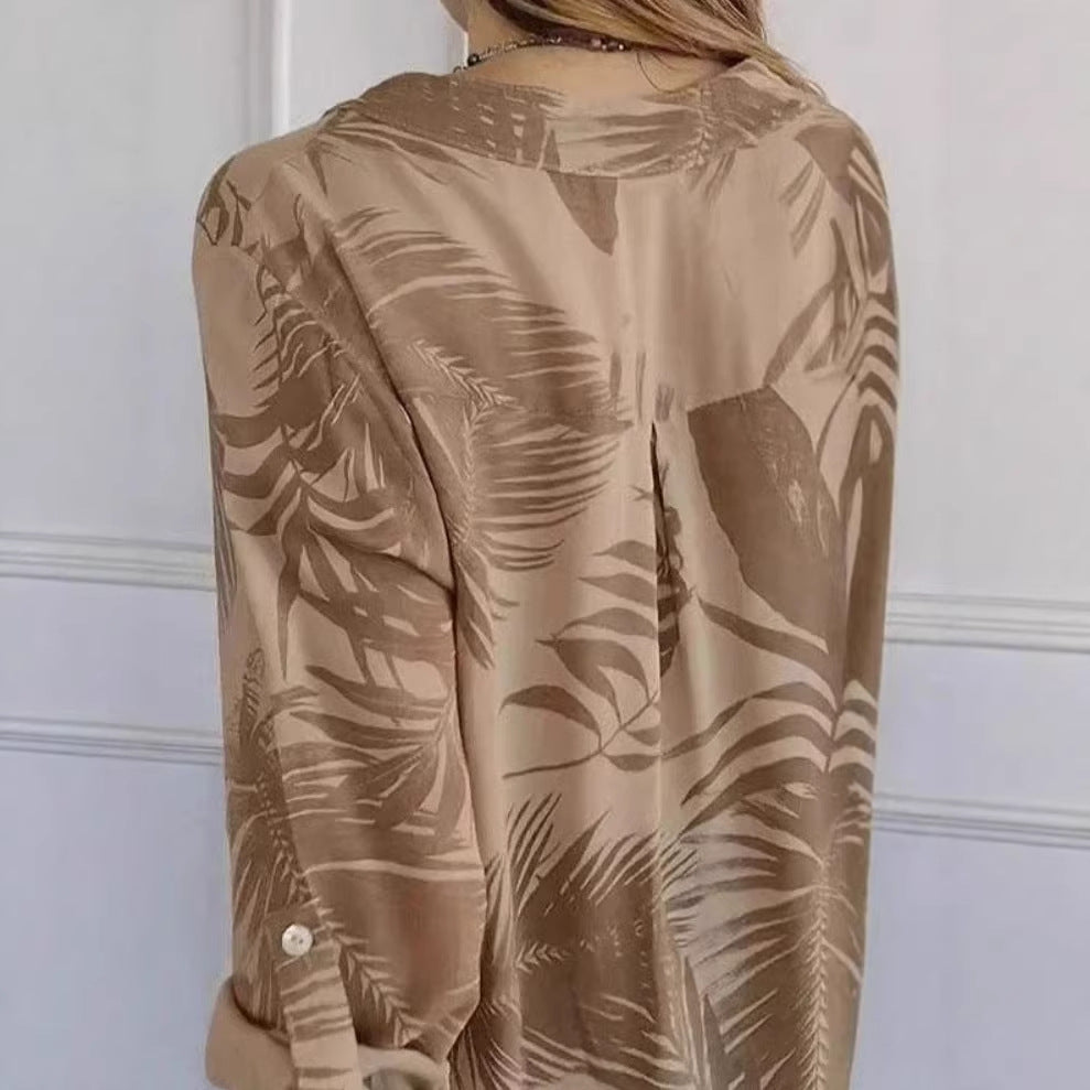 Relaxed-fit Casual Long-sleeve Printed Sequin-pocket Blouse