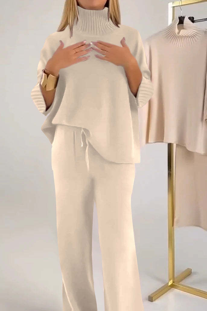 Stylish Casual Solid-color Knit Turtleneck Womens Set For Warmth