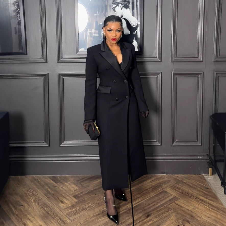 Sexy Elegant Long Blazer Dress With A Notched Collar And A Fitted Waist