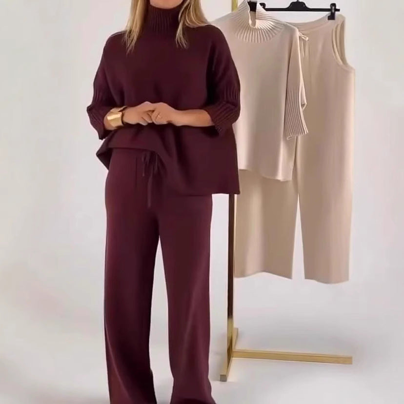 Stylish Casual Solid-color Knit Turtleneck Womens Set For Warmth